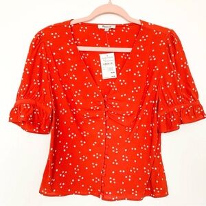 Madewell Bright Red Polka Dot V-Neck Button Blouse